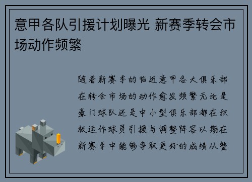 意甲各队引援计划曝光 新赛季转会市场动作频繁 意甲各队引援计划曝光 新赛季转会市场动作频繁