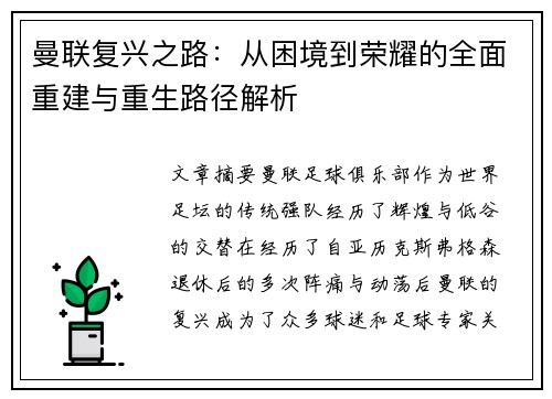 曼联复兴之路：从困境到荣耀的全面重建与重生路径解析