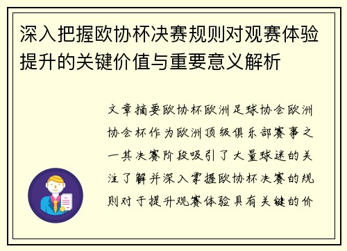 深入把握欧协杯决赛规则对观赛体验提升的关键价值与重要意义解析