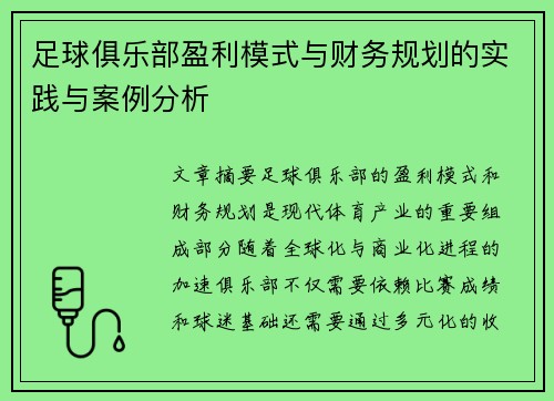 足球俱乐部盈利模式与财务规划的实践与案例分析 足球俱乐部盈利模式与财务规划的实践与案例分析